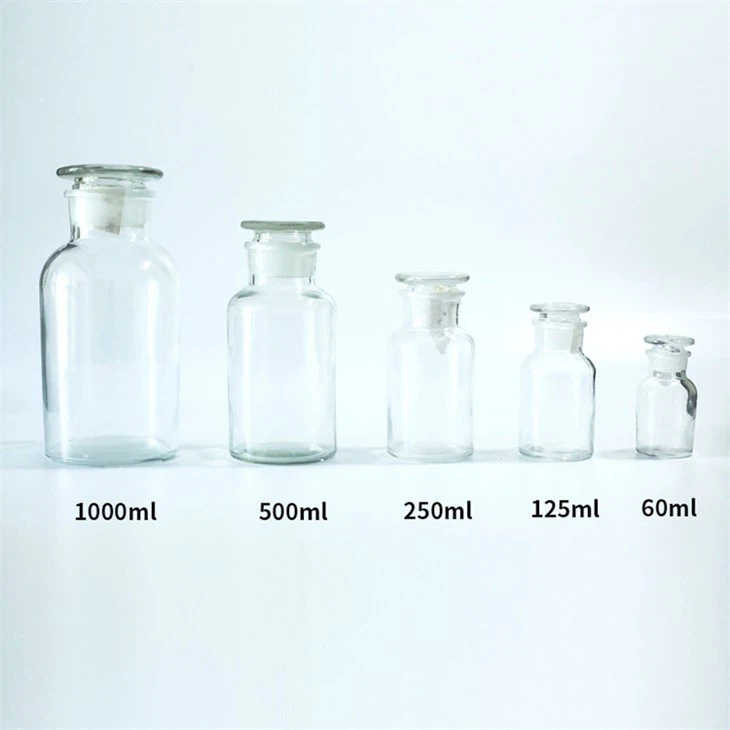 Phòng thí nghiệm Miệng rộng Hổ phách trong suốt 125ml 250ml 500ml Chai thuốc thử thủy tinh 1000ml có nút